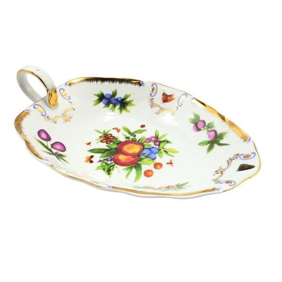 I. Godinger Yorkshire Leaf Nappy Plate Dish Porcelain Fruit Floral Butterflies - Picture 1 of 10